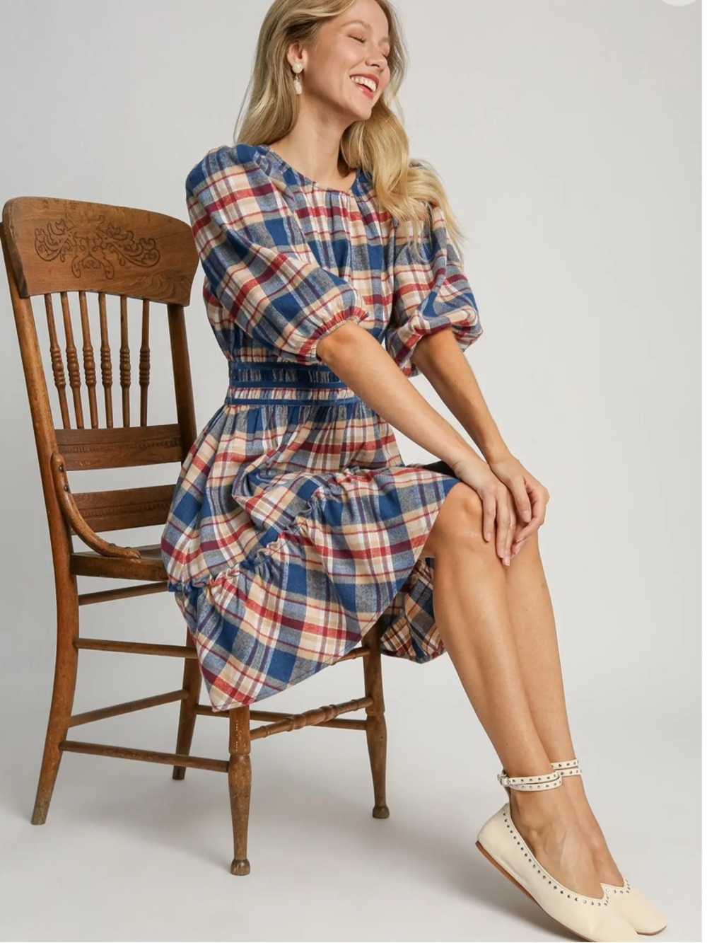 Umgee Plaid Puff Sleeve Mini Dress NWT | Americana Picnic Cottagecore - Picture 2 of 8